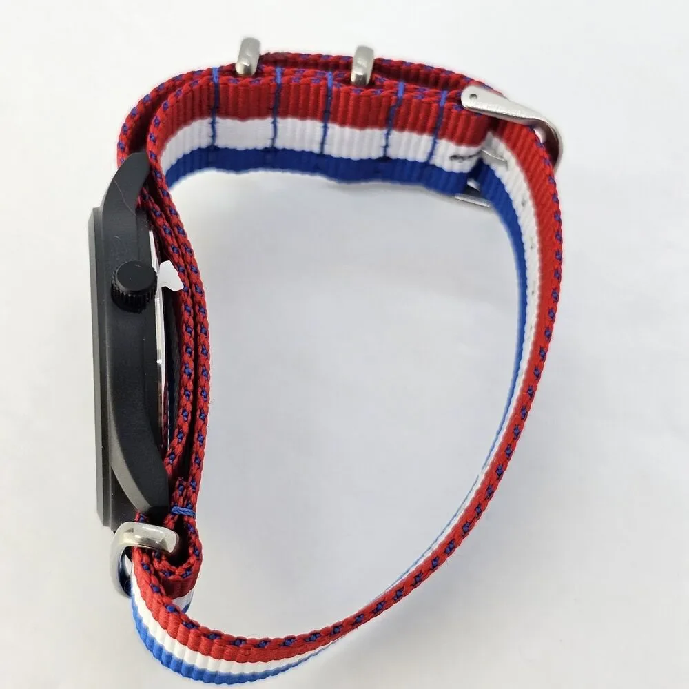 Field‎ Men's Watch 42MM Black Dial Black Case Blue White Red Canvas Band Strap